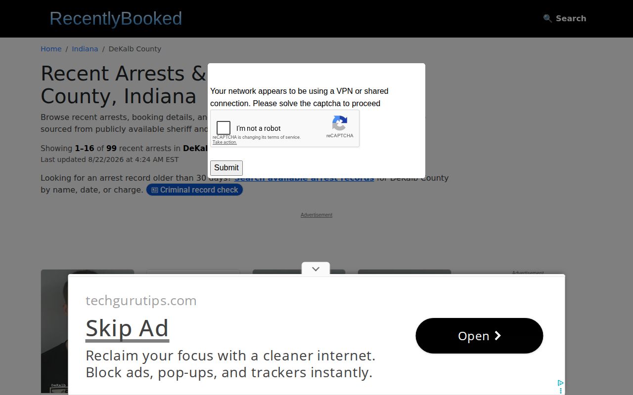 DeKalb County unofficial recent booking feed interface